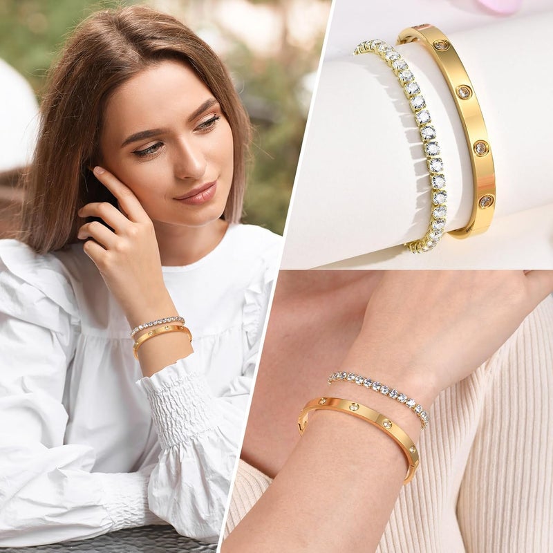 MPRAINBOW Gold Bracelets for Women, 2Pcs 18K Gold Plated Cubic Zirconia Bangle Crystal Friendship Bracelet Jewelry,Wedding Party Christmas Birthday Gifts for Her Girlfriend Sister Daughter - Image 2